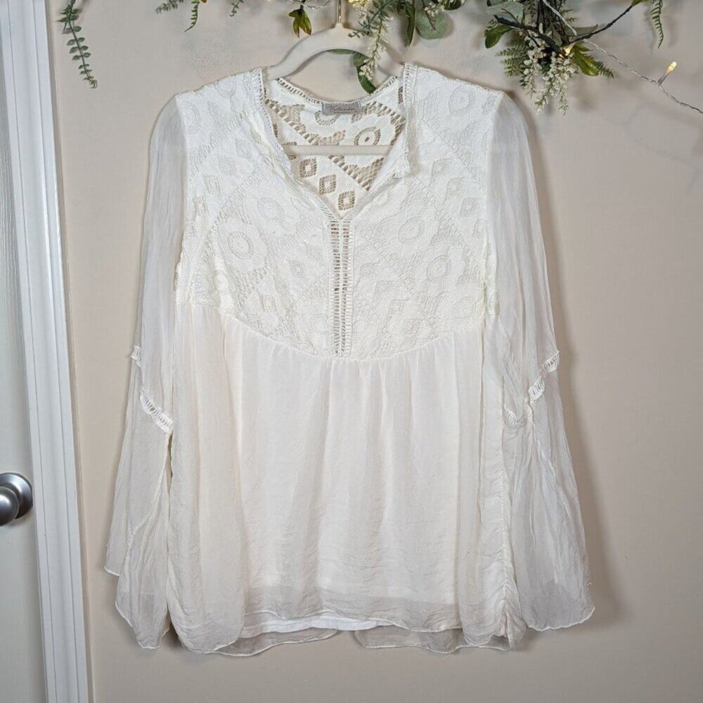 Bellambia Silk White Lace Bohemian Eyelet Peasant Top Blouse